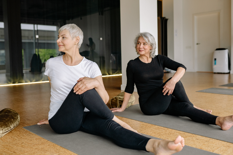 Active seniors practicing joint-friendly stretches for healthy knees and hips